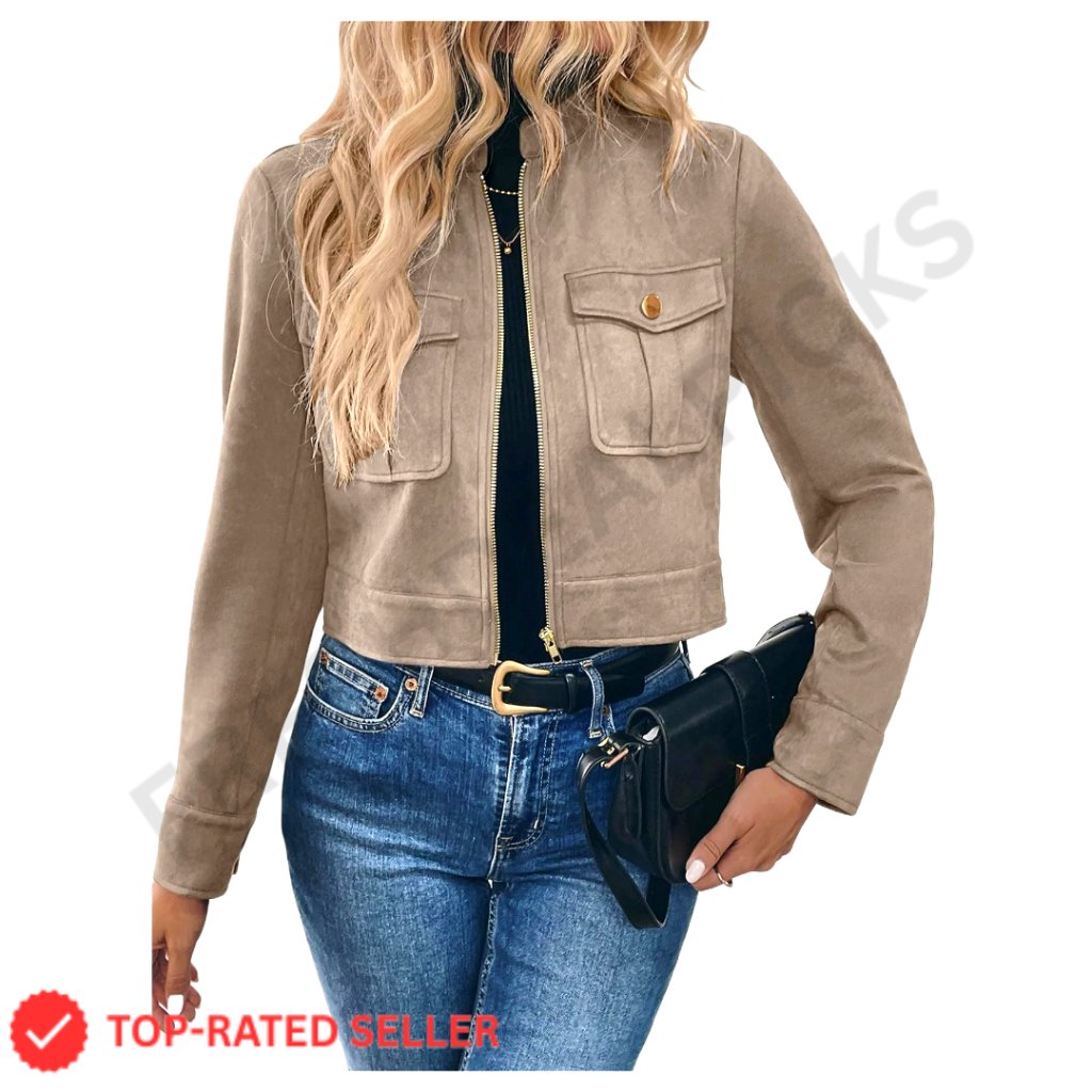 Faux Suede Cropped Cargo Jacket Y2k Chic Casual Outerwear Zip Up Long Sleeve
